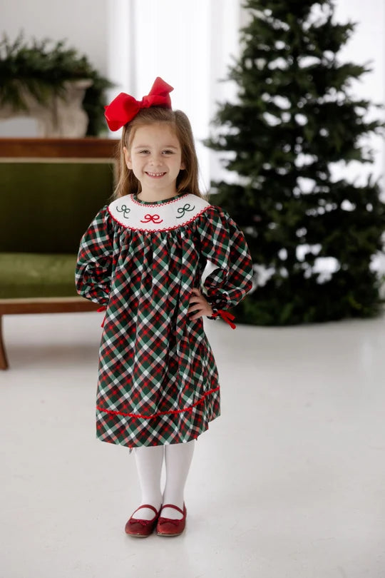 Girls Smocked Green Plaid & Bows Dress