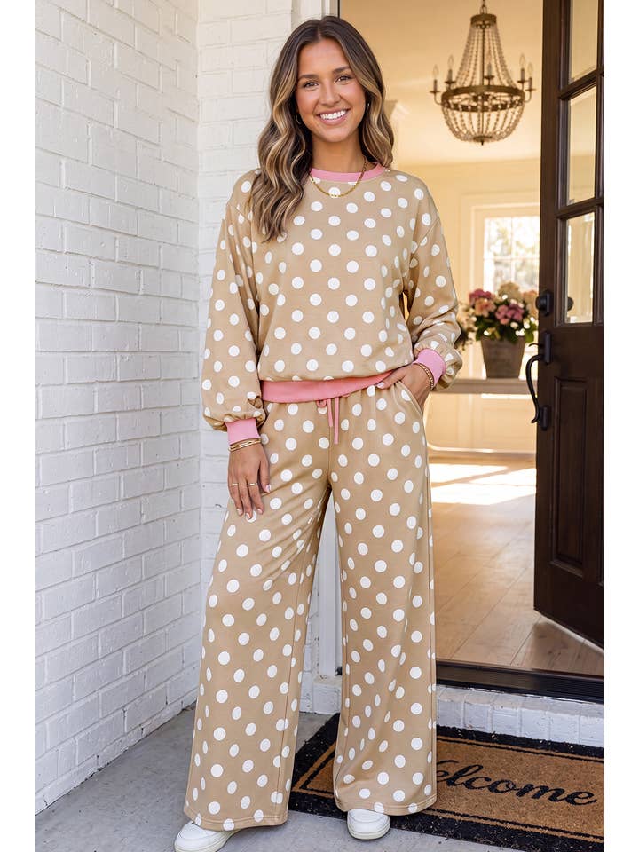 Polka Dot Contrast Trim Top Drawstring Pants Set