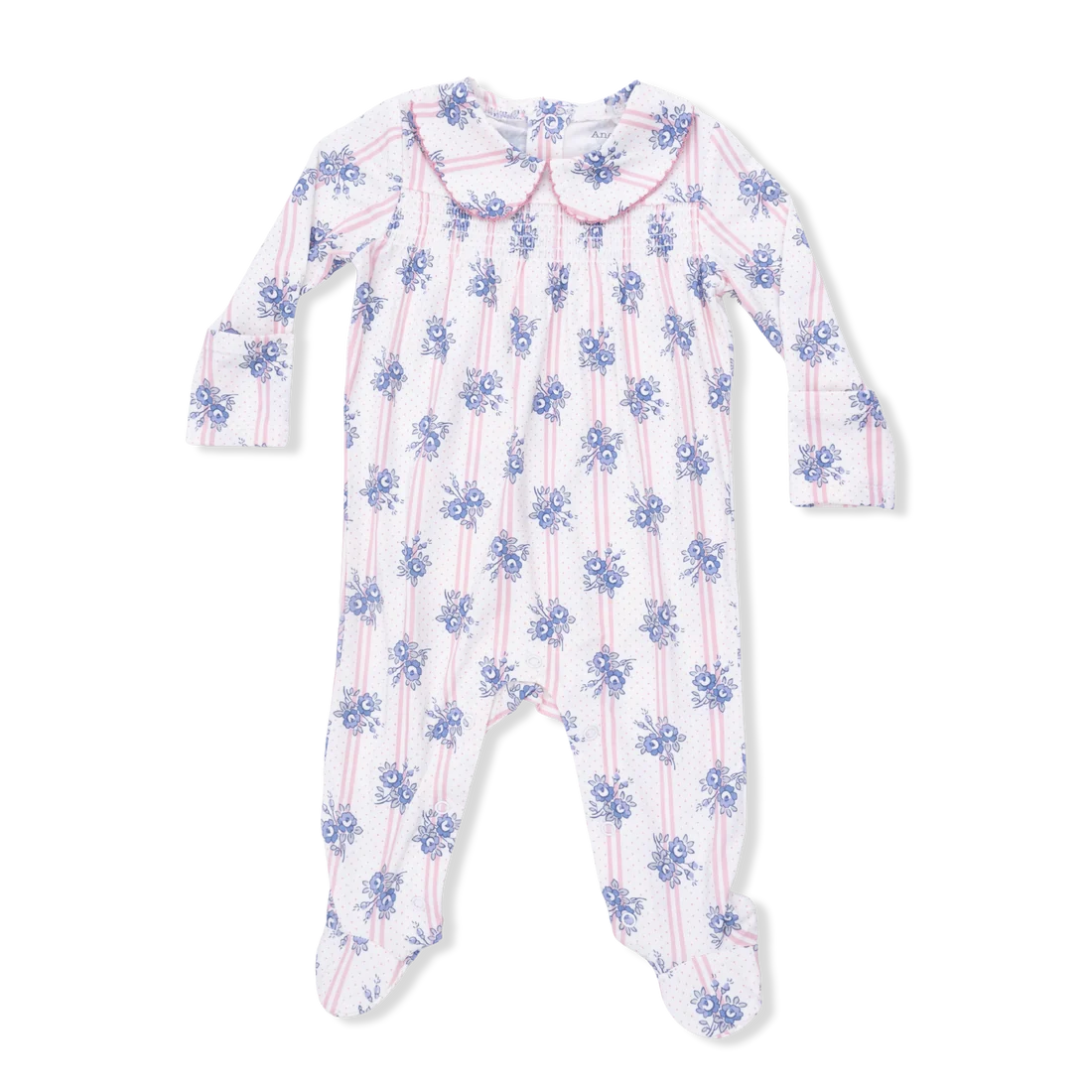 Stripe Dot Roses Smocked Peter Pan Snap Footie