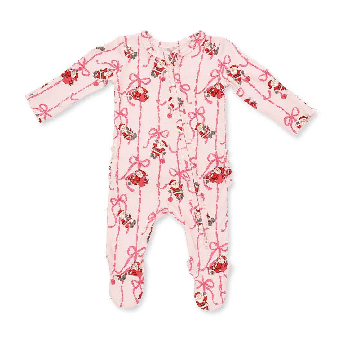 Bows & Santa Bamboo 2 Way Ruffle Back Zipper Footie
