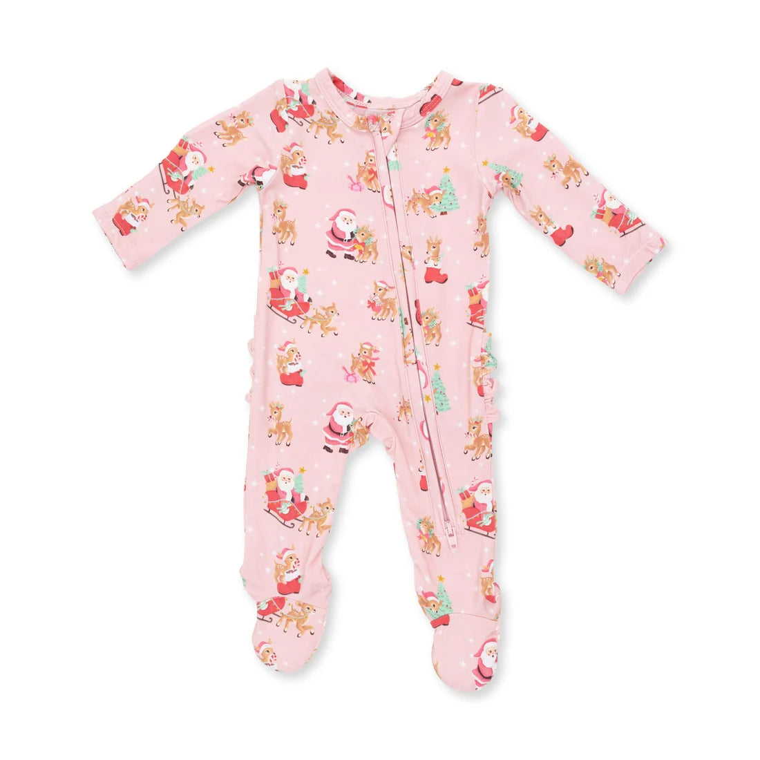 Vintage Reindeer & Santa Pink - Bamboo 2 Way Ruffle Back Zipper Footie