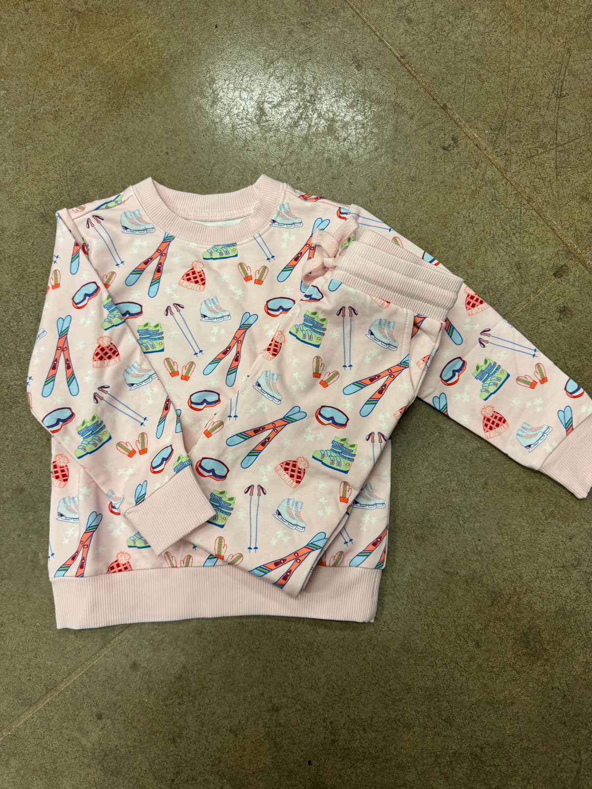 ski season pink sweatshirt and pant set
