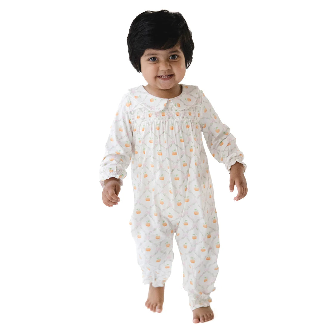 Pretty Pumpkin Trellis Smocked Long Sleeve Romper