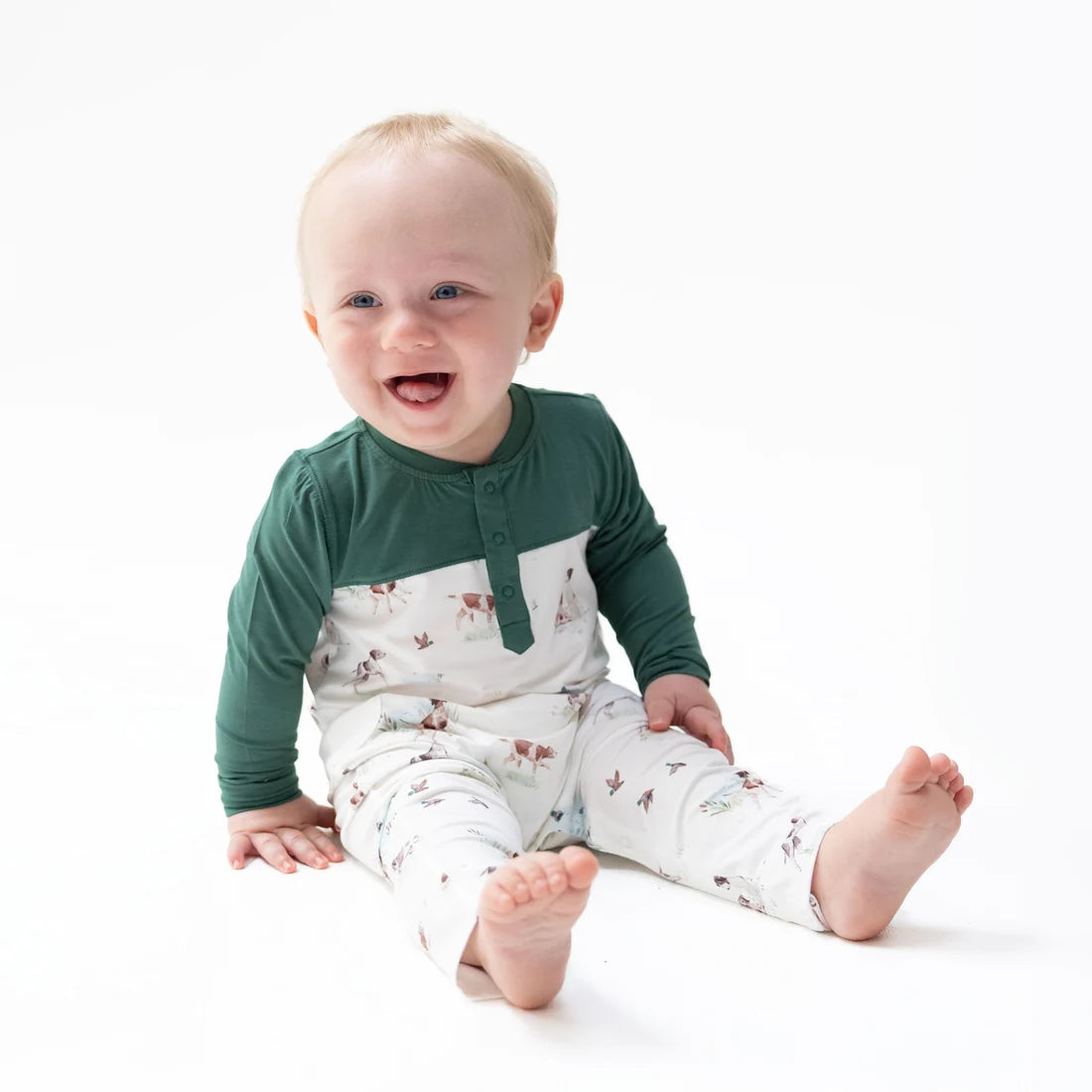 Pointer Pups and Duck Buddies Romper with Contrast Sleeves