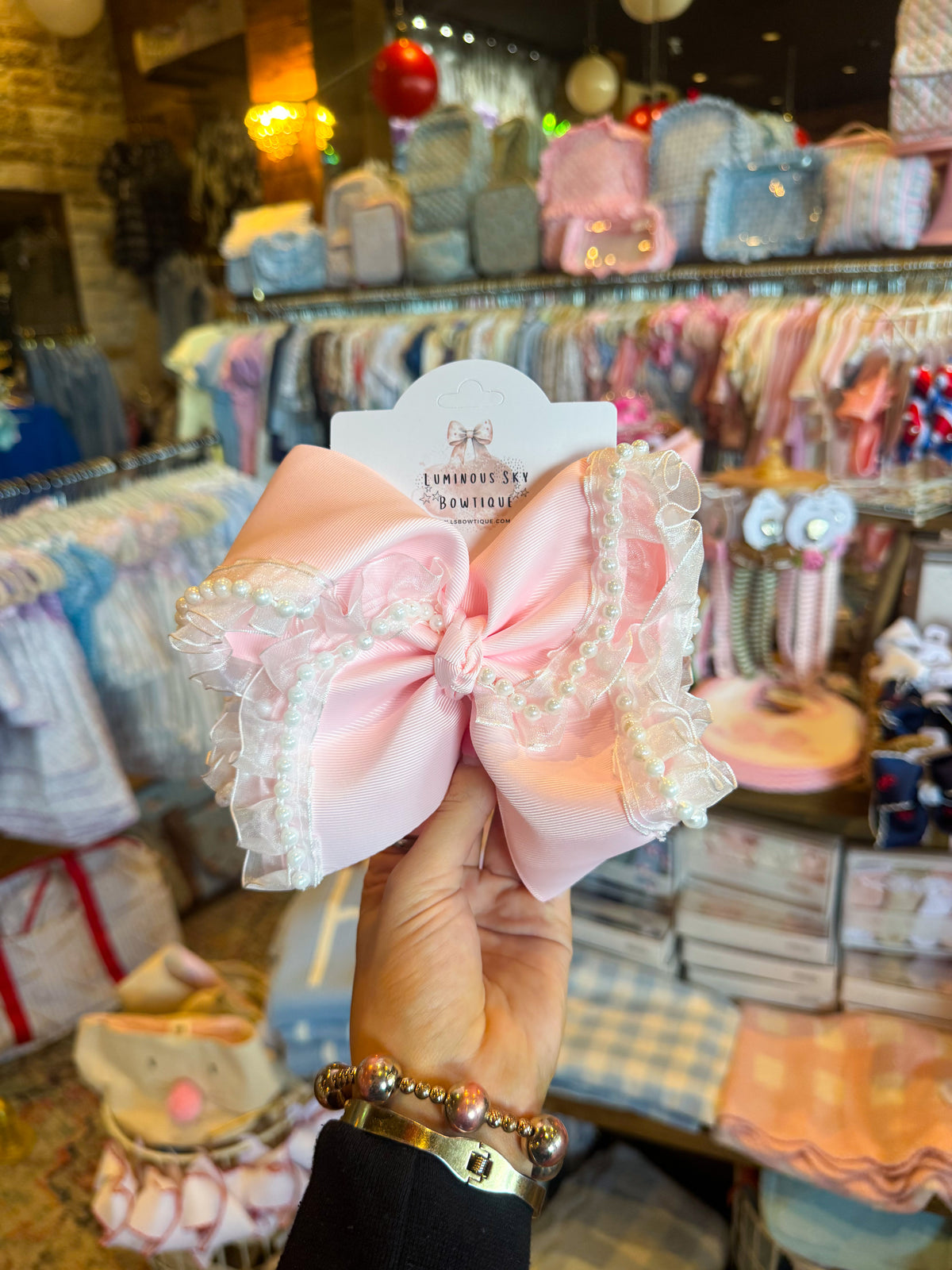 Pink Pearl and Lace Bow