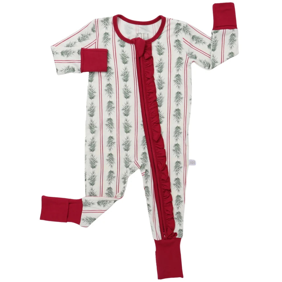 girls ruffle pine needles zipper romper