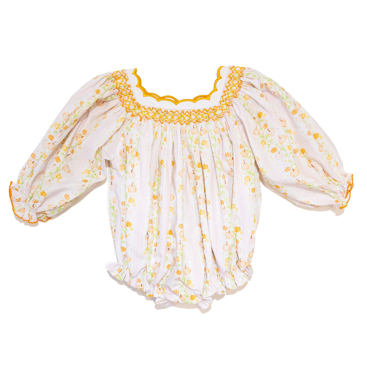 Girls Sweet Pumpkins Scalloped Collar Smocked Bubble