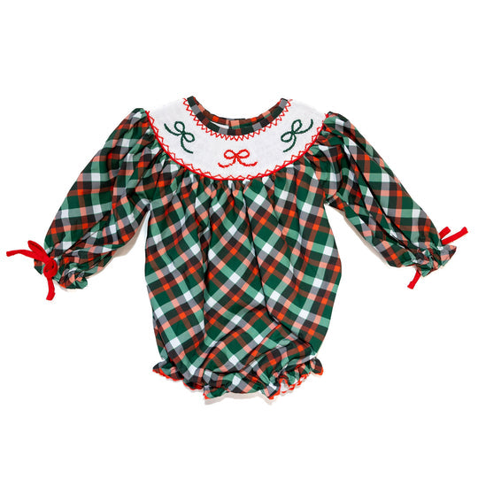 Girls Smocked Green Plaid & Bows Bubble