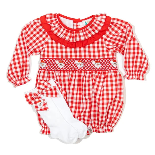 Girls Red Gingham Santa Bow Socks