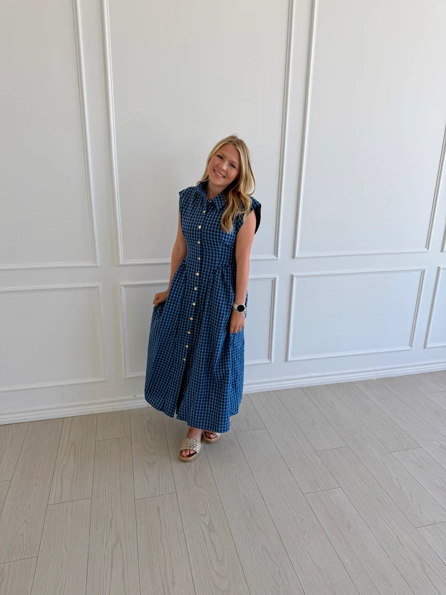 blue and navy maxi dress checkerd