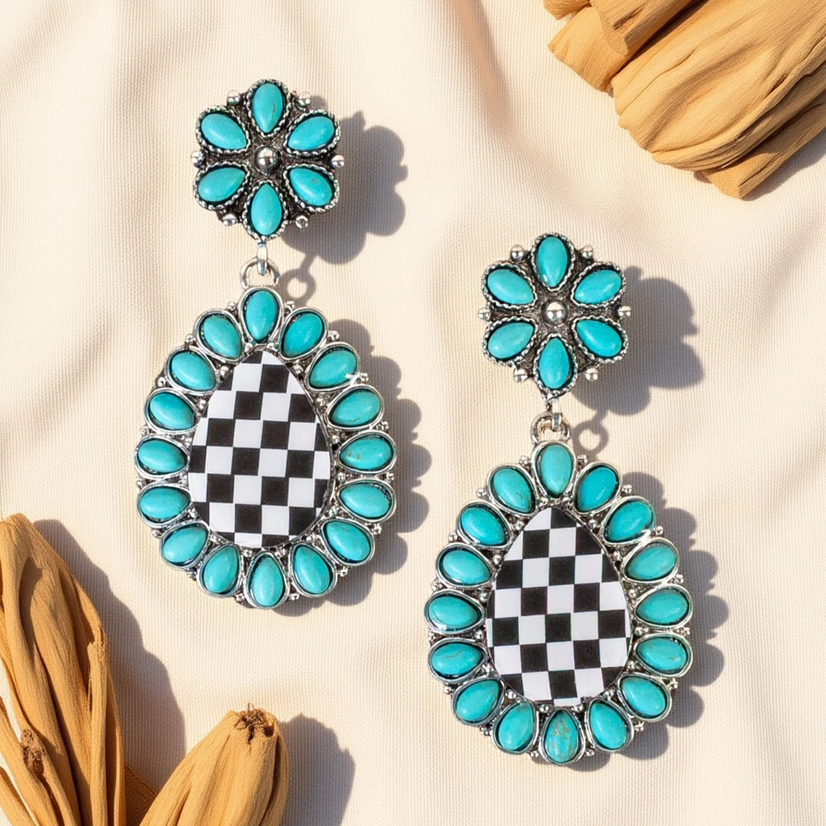 Ready Set Go Black & White Turquoise Post Drop Earrings