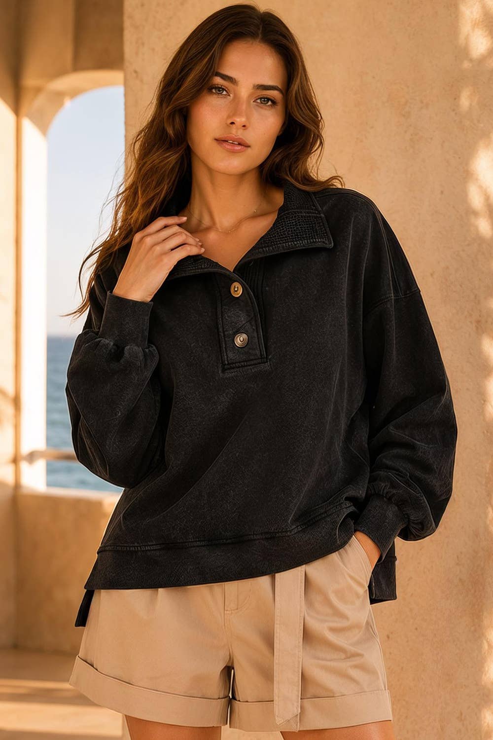 Mock Neck Mineral Washed Knit Causal Top