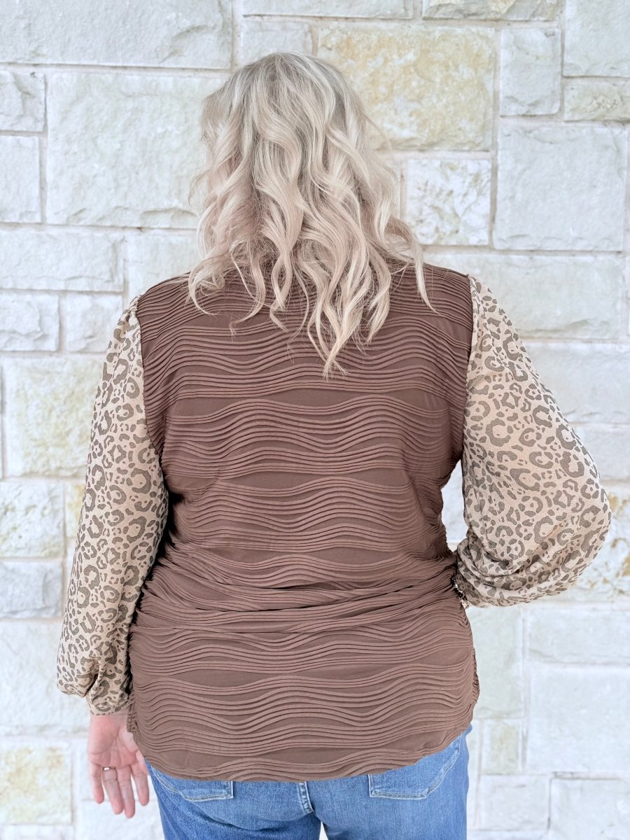 Textured Top with Leopard Print Sleeve