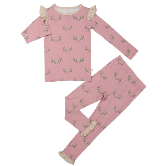 Girls pink ruffle antler loungewear set
