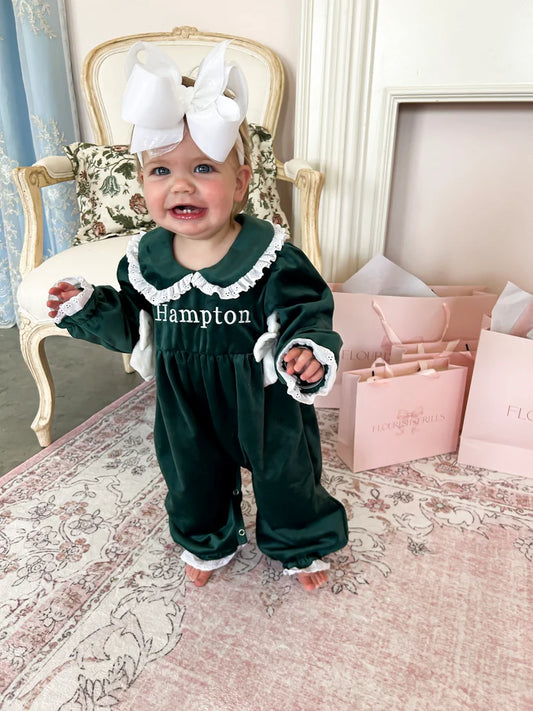 Emmy Evergreen & Lace Baby Romper