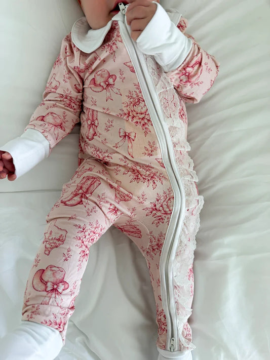 The Mary Claire Coquette Texas Toile Baby Romper
