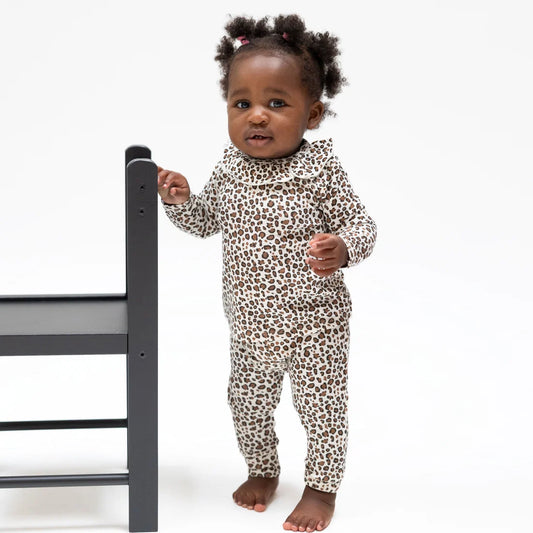 Leopard ribbed sleeve ruffle top and pant