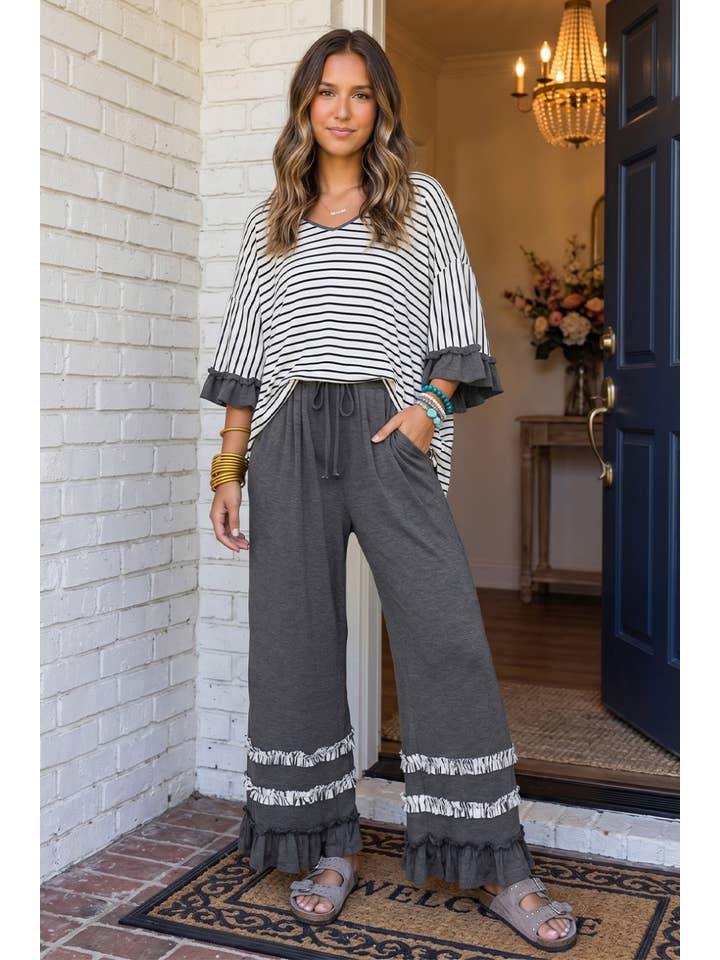 Striped Ruffle Drawstring Pants Set