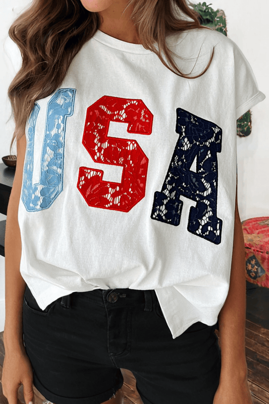 July 4th USA Color Block Letter Printed Dolman Tee