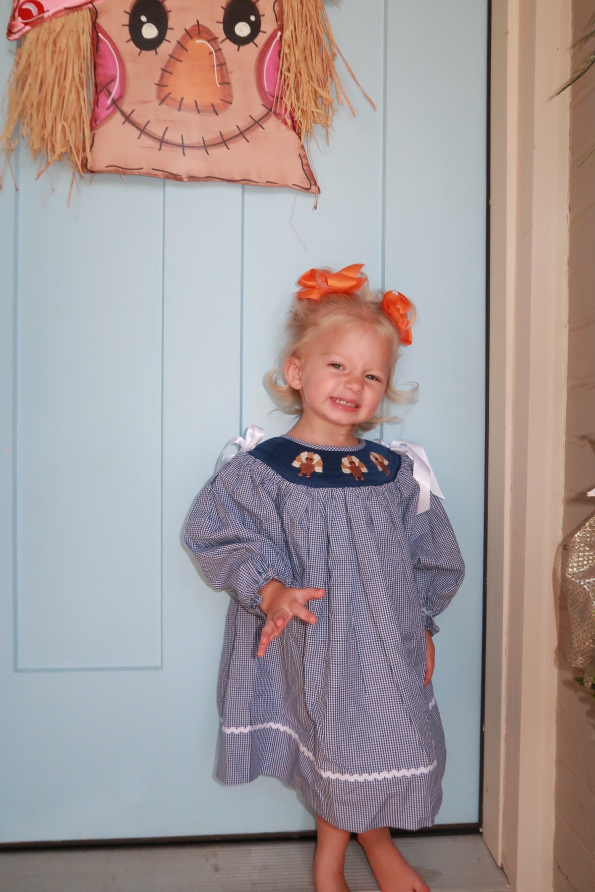 Girls Navy Gingham Smocked Turkey Dress