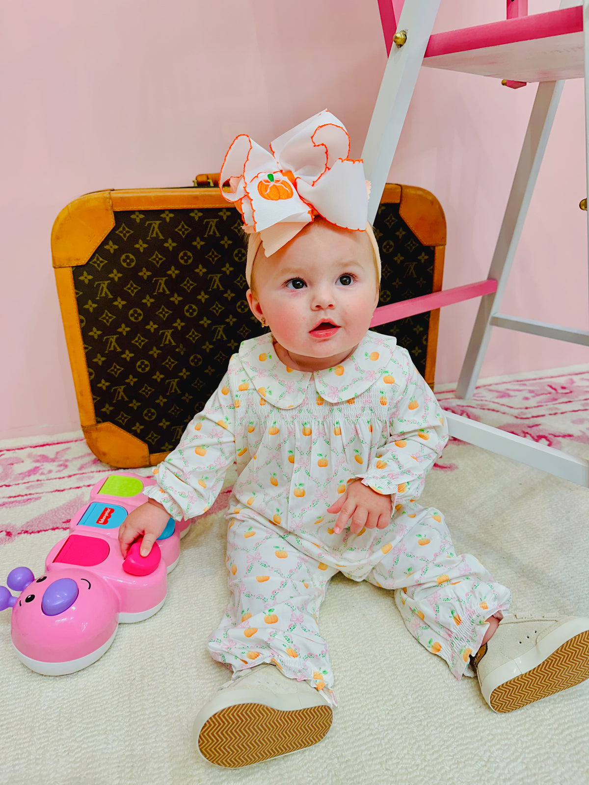 Pretty Pumpkin Trellis  Smocked Long Sleeve Romper