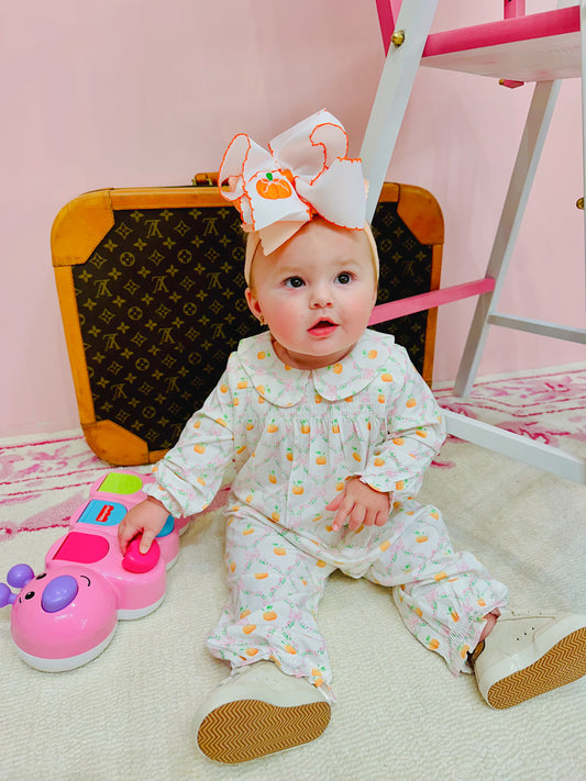 Pretty Pumpkin Trellis  Smocked Long Sleeve Romper