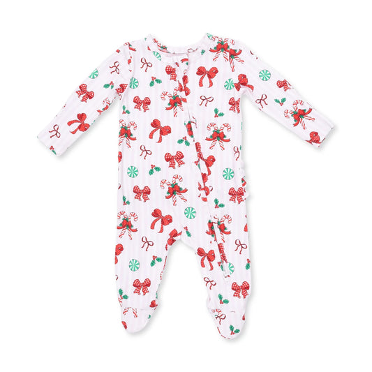 Bows & Candy Canes - Bamboo  2 Way Ruffle Back Zipper Footie