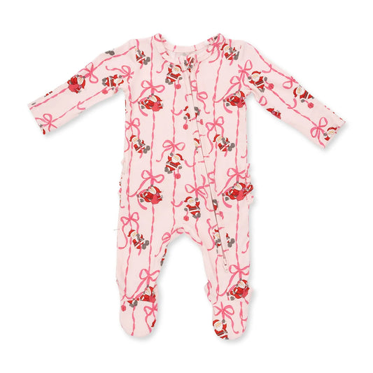 Bows & Santa  Bamboo 2 Way Ruffle Back Zipper Footie