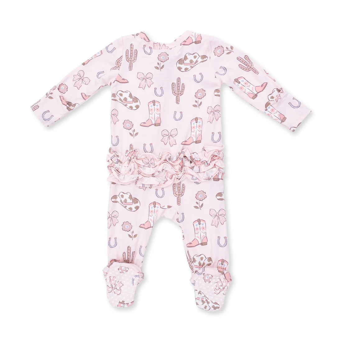 Cowgirl Boots and Bows  2 Way Ruffle Back Zipper Footie