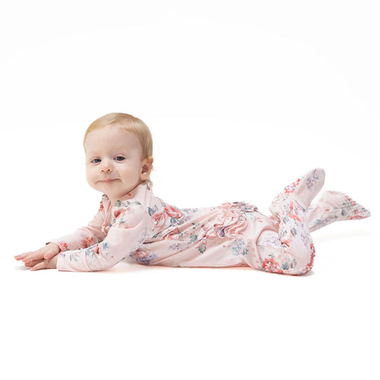 Painterly rose bouquets ruffle back zipper footie