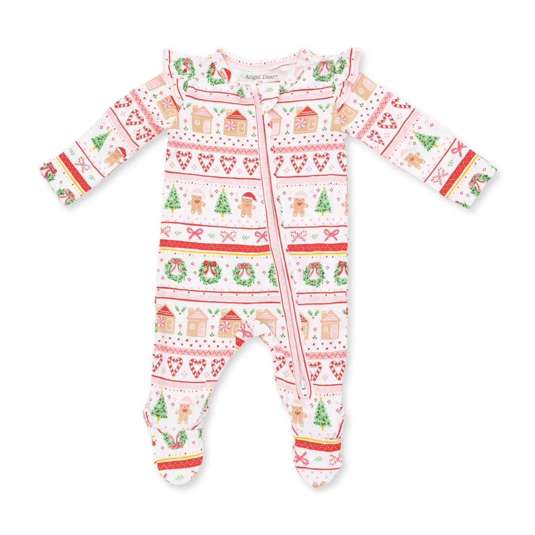 Gingerbread Fair Isle Pink - Bamboo  2 Way Ruffle Sleeve Zipper Footie
