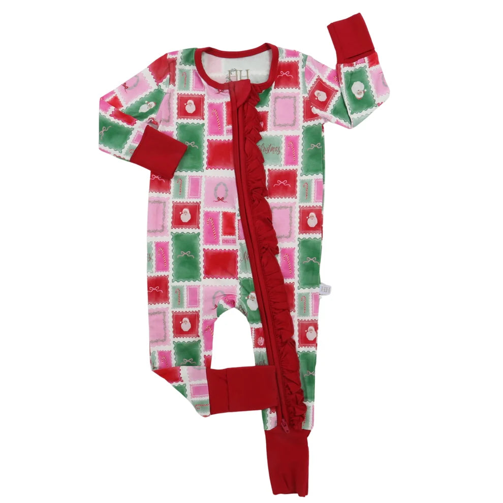 girls ruffle letter to santa zipper romper