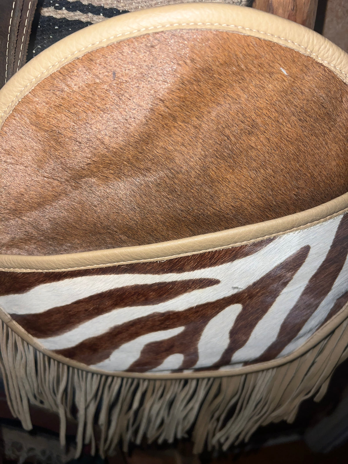 Zebra & Italian Leather Round Fringe Crossbody