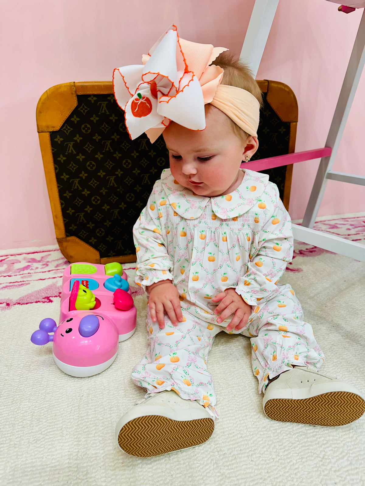 Pretty Pumpkin Trellis  Smocked Long Sleeve Romper