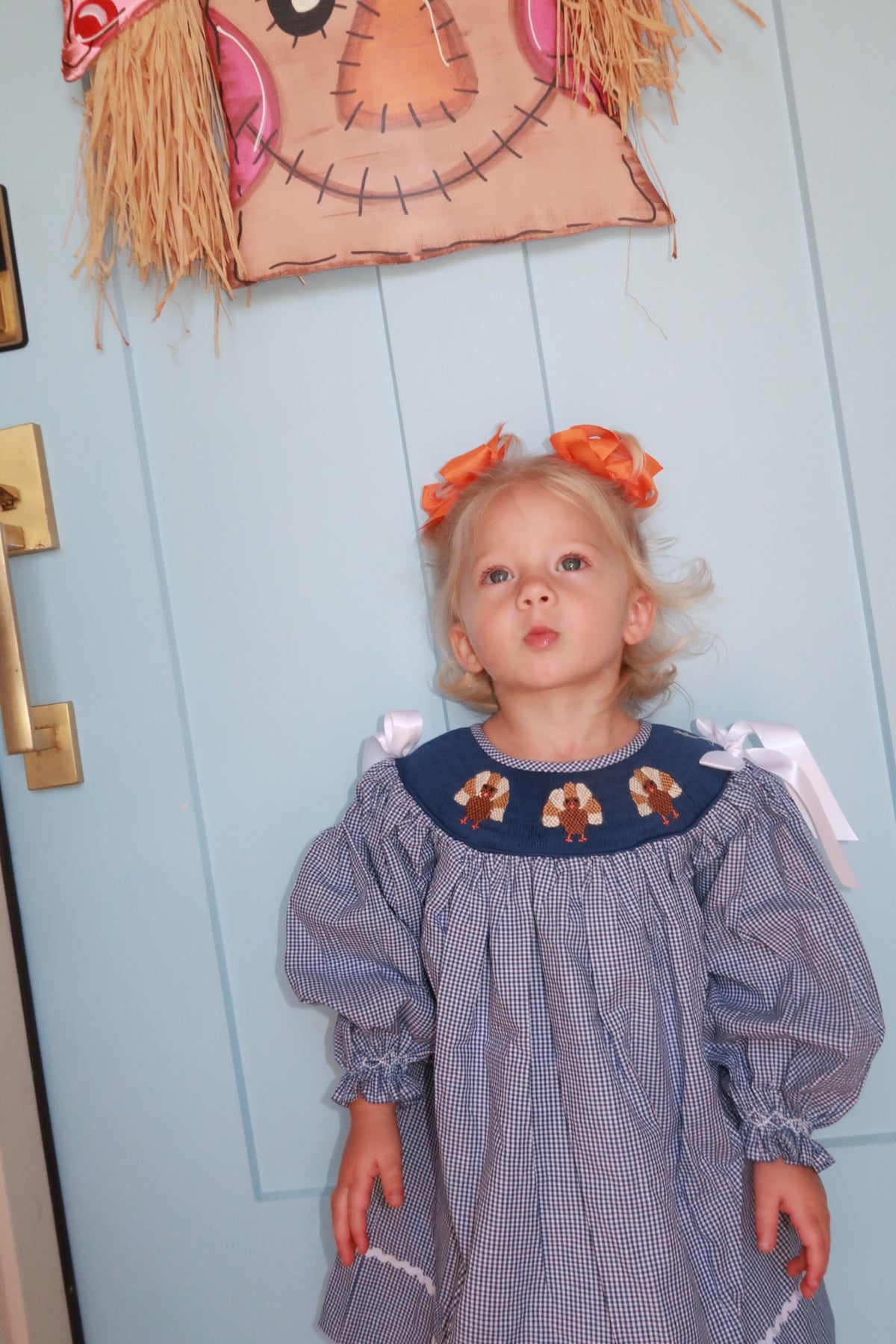 Girls Navy Gingham Smocked Turkey Dress