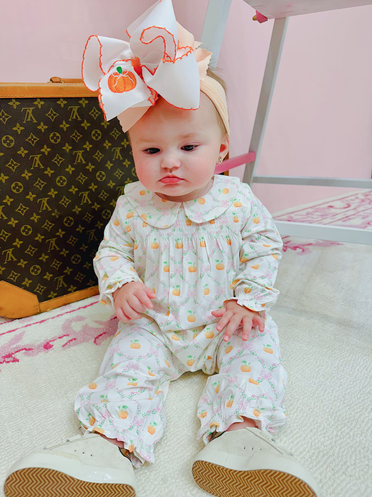 Pretty Pumpkin Trellis  Smocked Long Sleeve Romper