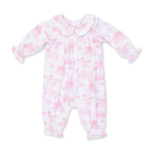 Golf toile pink smocked long sleeve romper