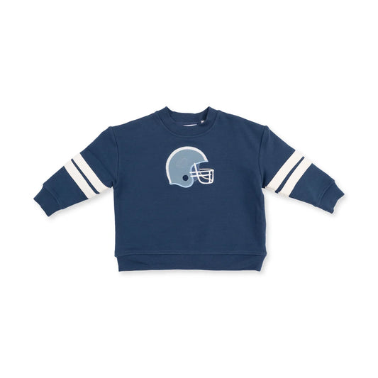 Football Helmets  Drop Sleeve Sweatshirt with Varsity Stripes Blue Helmet
