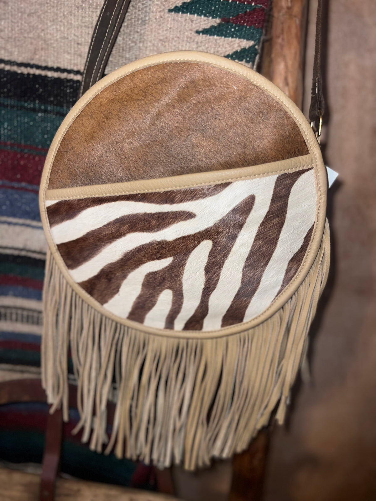 Zebra & Italian Leather Round Fringe Crossbody