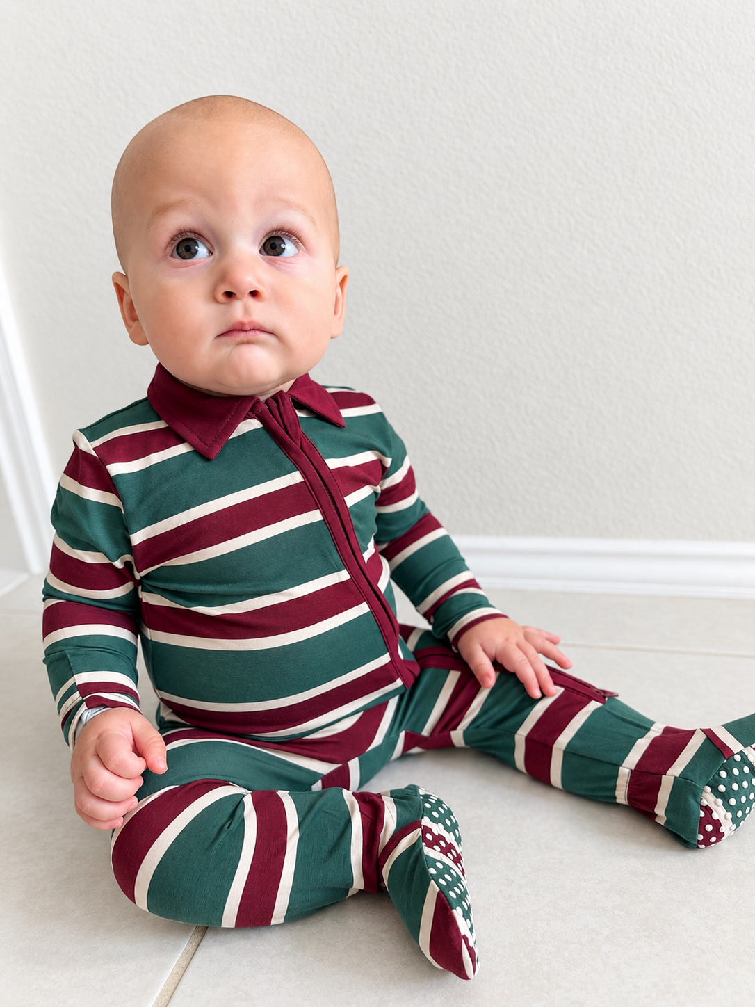 Rugby Stripe Green  Polo 2 Way Zipper Footie