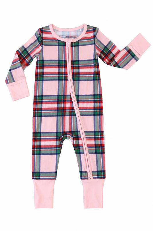 christmas plaid pink zipper romper