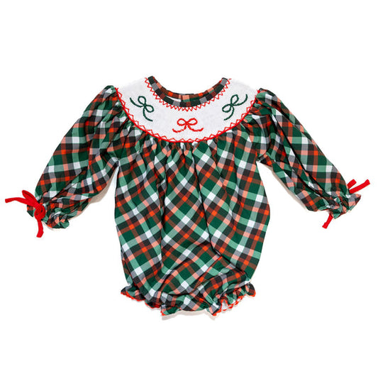 Girls Smocked Green Plaid & Bows Bubble