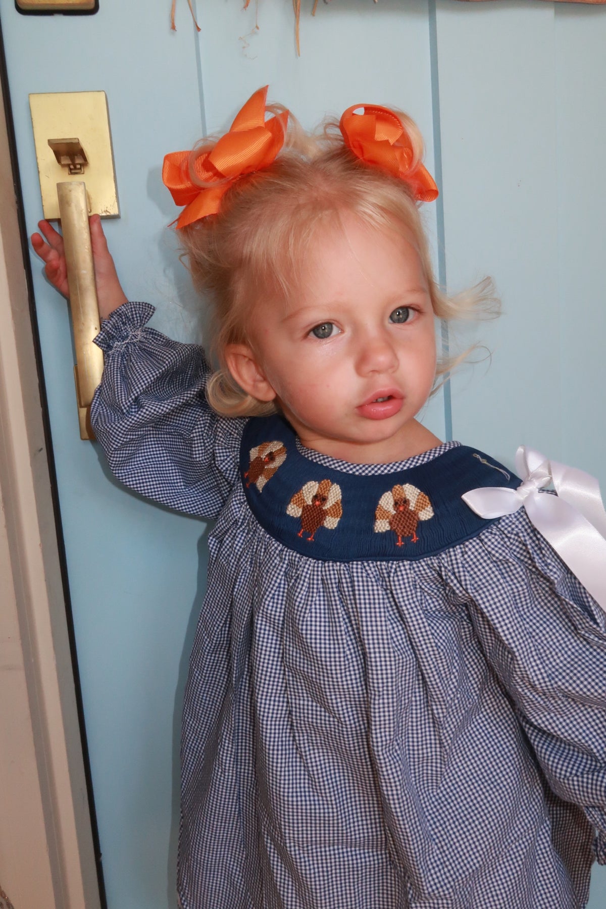 Girls Navy Gingham Smocked Turkey Dress