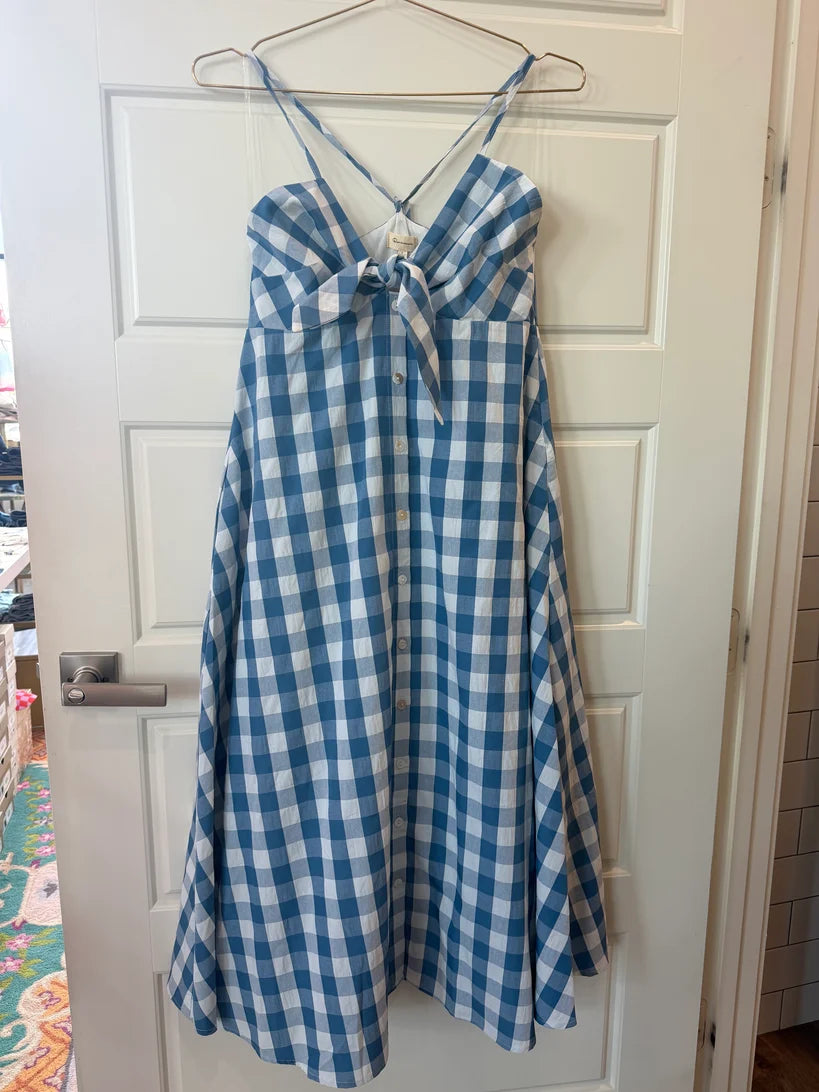 blue gingham tie front midi