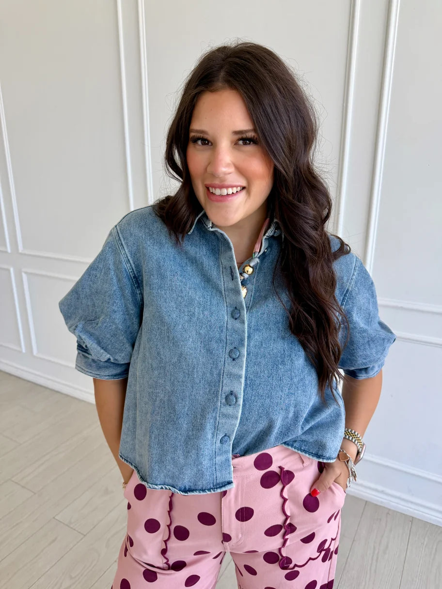 Denim Button Puff Top