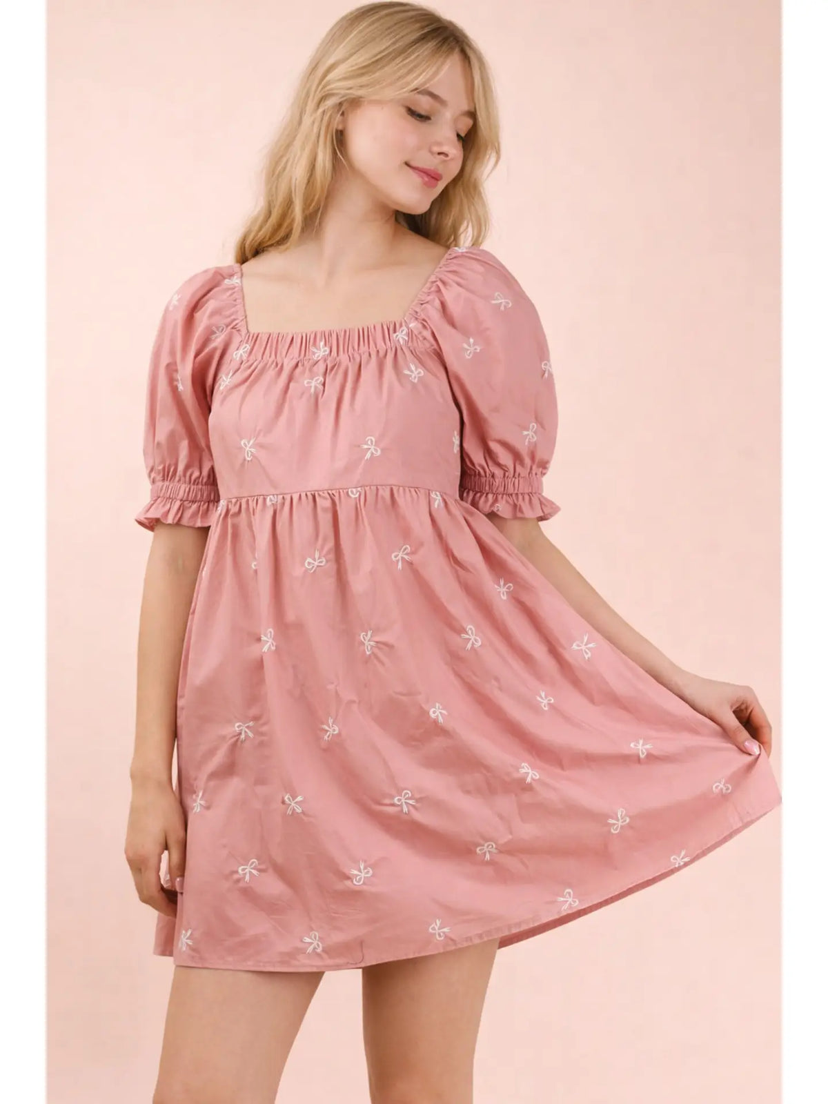 Pretty In Pink Embroidered Bow Square Neck Dress