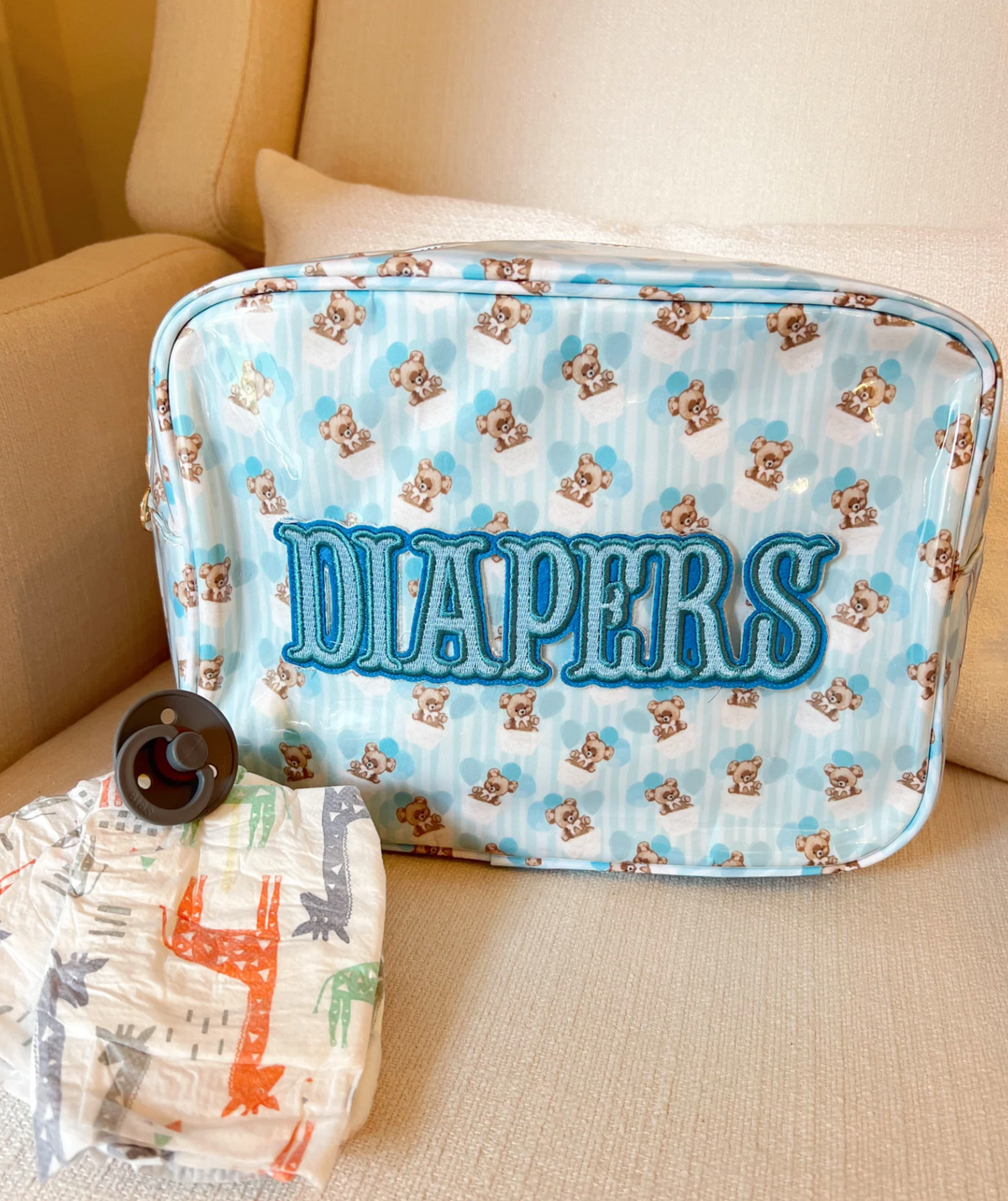 XL Clear Coat Diaper Bag - Blue Teddy Bears