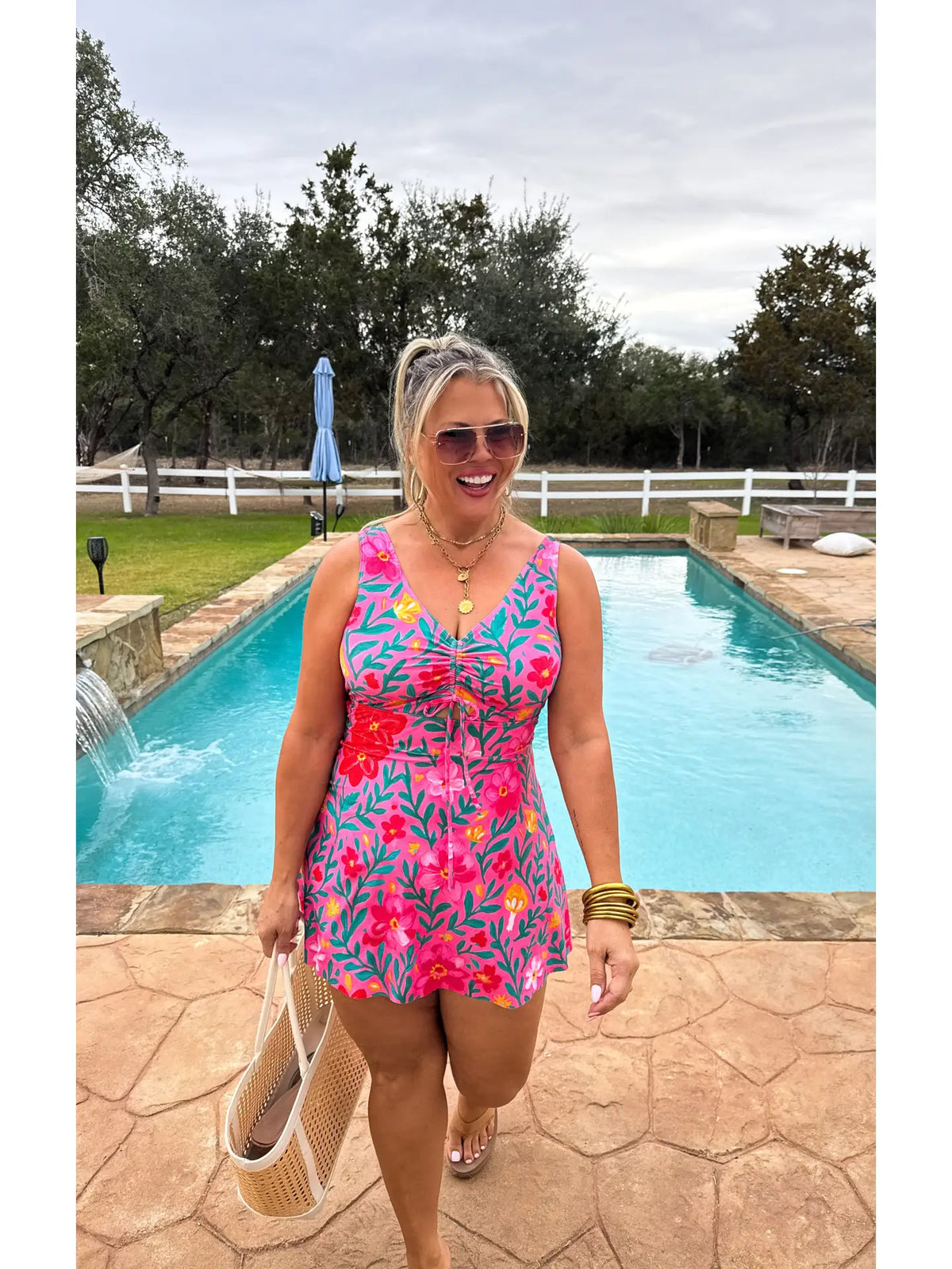 Summertime Bliss Pink & Blue Floral Print Swim Dress
