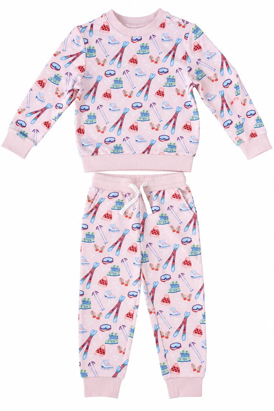 ski season pink sweatshirt and pant set