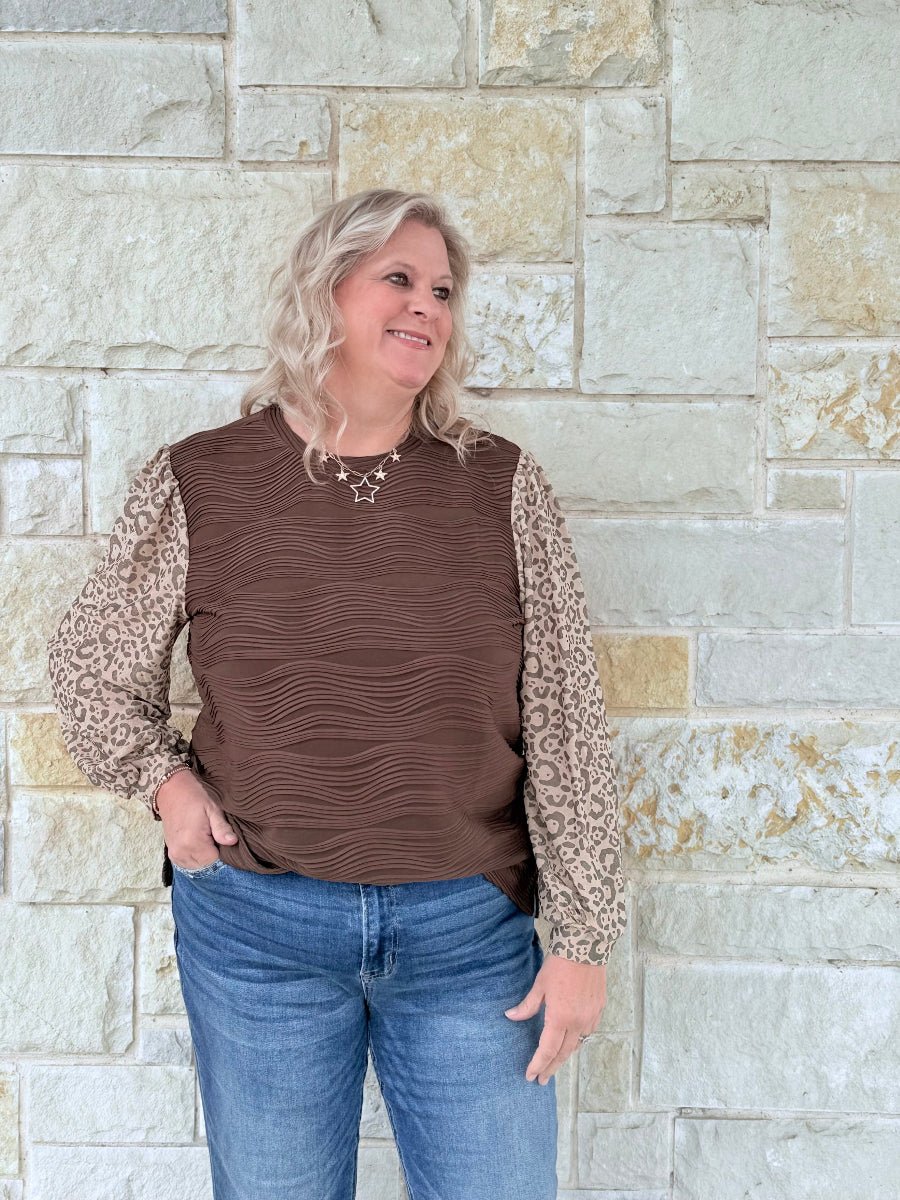 Textured Top with Leopard Print Sleeve